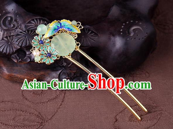 China Classical Chrysoprase Hair Stick Traditional Cheongsam Hair Accessories Handmade Enamel Butterfly Hairpin