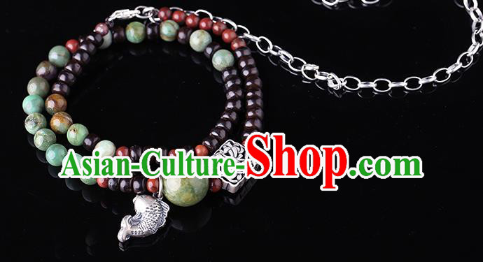 Handmade Chinese Garnet Beads Bangle Jewelry Traditional National Silver Fish Bracelet Wristlet