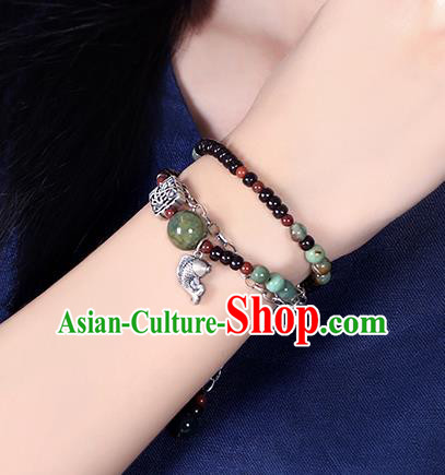 Handmade Chinese Garnet Beads Bangle Jewelry Traditional National Silver Fish Bracelet Wristlet