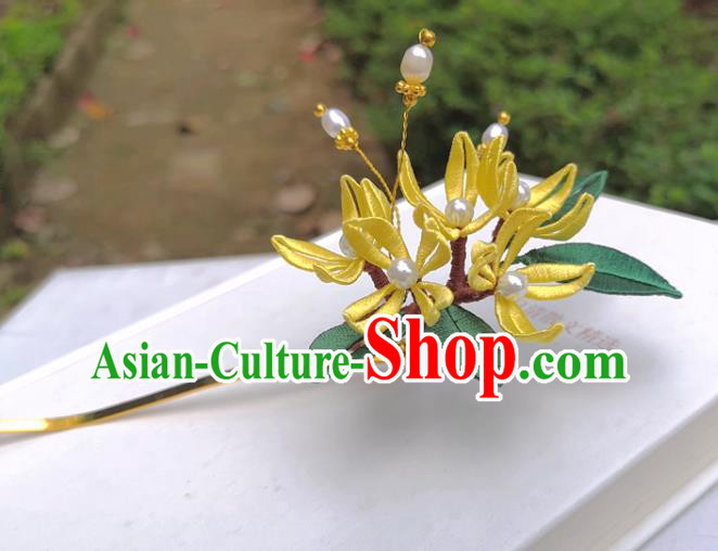 China Ming Dynasty Osmanthus Hair Stick Traditional Ancient Princess Yellow Silk Flowers Hairpin