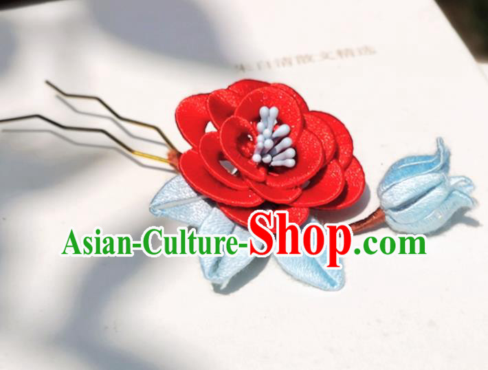China Ming Dynasty Red Silk Rose Hair Stick Traditional Ancient Palace Lady Hairpin