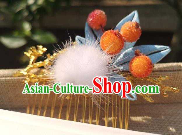 China Traditional Ancient Princess Blue Silk Bamboo Leaf Hairpin Ming Dynasty Orange Berry Hair Comb
