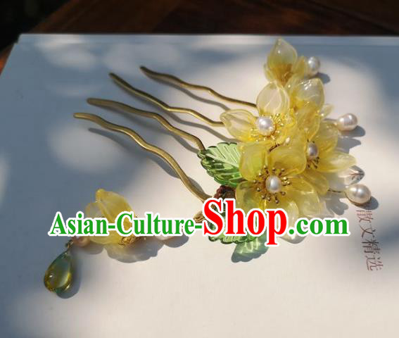 China Traditional Ancient Princess Yellow Flowers Hairpin Ming Dynasty Pearls Hair Stick