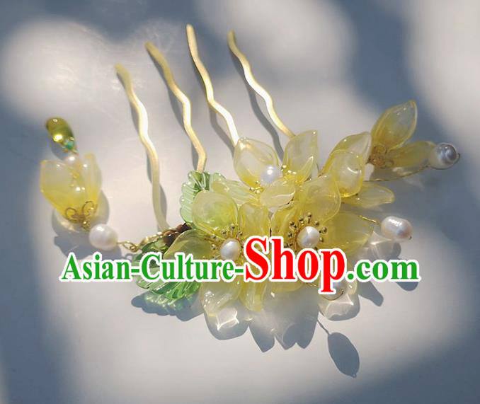 China Traditional Ancient Princess Yellow Flowers Hairpin Ming Dynasty Pearls Hair Stick