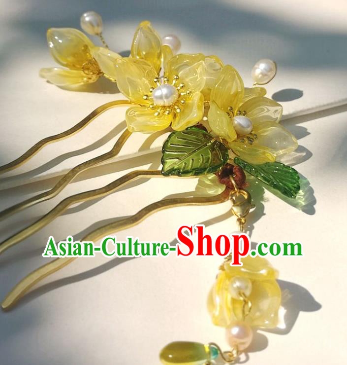 China Traditional Ancient Princess Yellow Flowers Hairpin Ming Dynasty Pearls Hair Stick