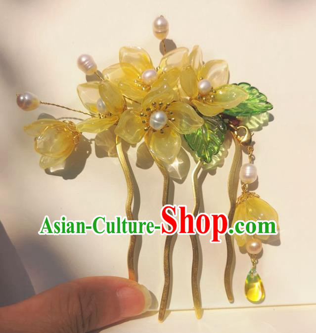 China Traditional Ancient Princess Yellow Flowers Hairpin Ming Dynasty Pearls Hair Stick