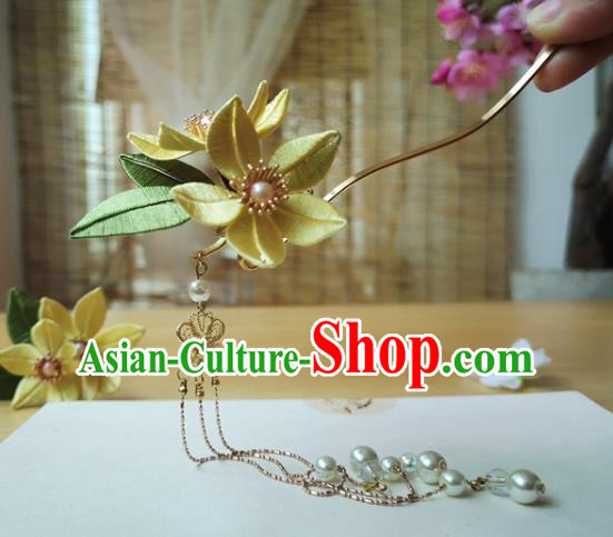 China Ming Dynasty Tassel Hair Stick Traditional Hanfu Hair Accessories Ancient Princess Yellow Silk Flower Hairpin