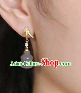 Handmade Chinese Jade Gourd Ear Accessories Traditional Golden Bamboo Leaf Earrings