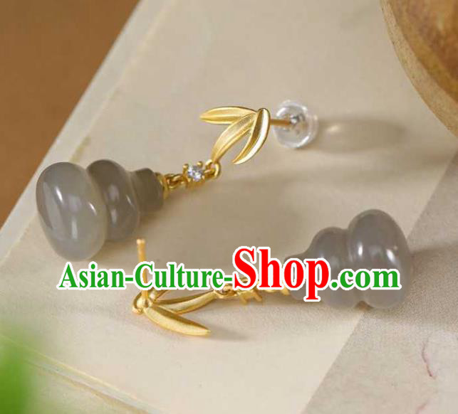 Handmade Chinese Jade Gourd Ear Accessories Traditional Golden Bamboo Leaf Earrings