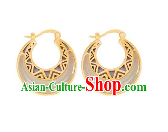 Handmade Chinese Cheongsam Golden Ear Accessories Traditional Jade Moon Earrings