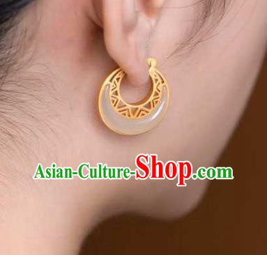 Handmade Chinese Cheongsam Golden Ear Accessories Traditional Jade Moon Earrings