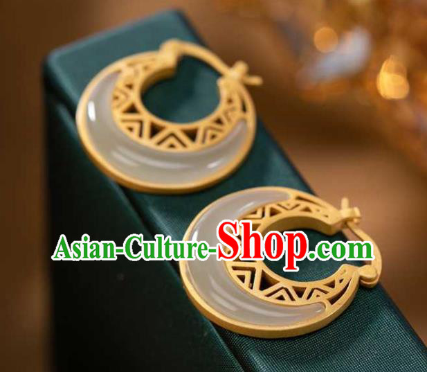 Handmade Chinese Cheongsam Golden Ear Accessories Traditional Jade Moon Earrings