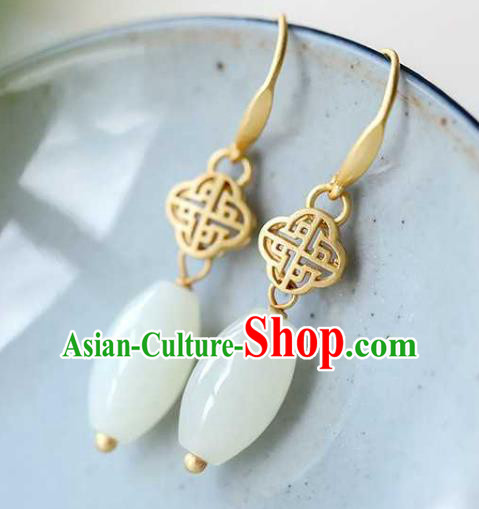 Handmade Chinese Cheongsam White Jade Ear Accessories Traditional Golden Earrings