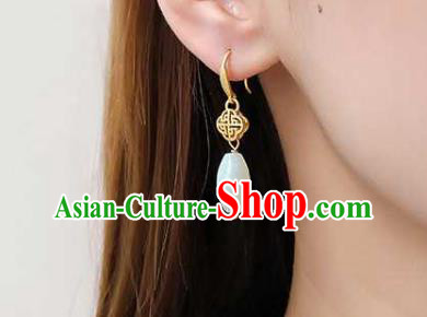 Handmade Chinese Cheongsam White Jade Ear Accessories Traditional Golden Earrings