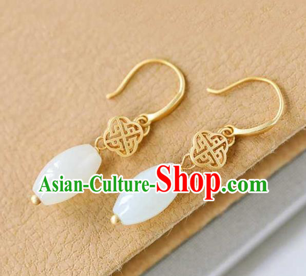 Handmade Chinese Cheongsam White Jade Ear Accessories Traditional Golden Earrings