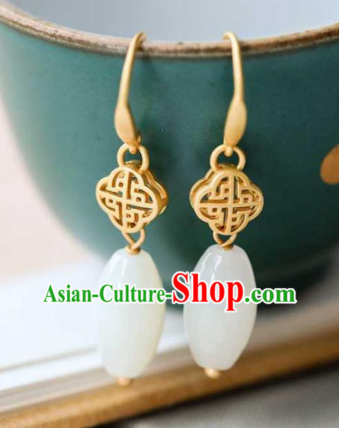 Handmade Chinese Cheongsam White Jade Ear Accessories Traditional Golden Earrings