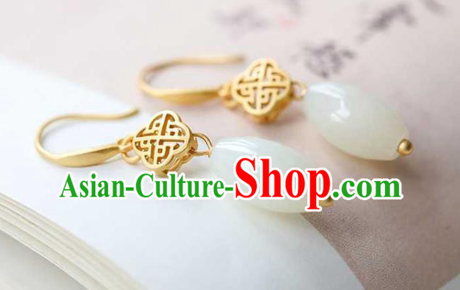 Handmade Chinese Cheongsam White Jade Ear Accessories Traditional Golden Earrings