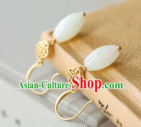 Handmade Chinese Cheongsam White Jade Ear Accessories Traditional Golden Earrings