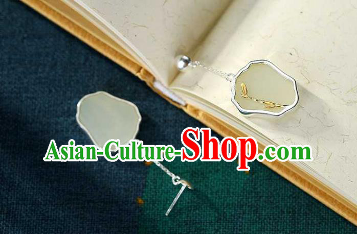 Handmade Chinese Cheongsam White Jade Fan Ear Accessories Traditional Silver Earrings