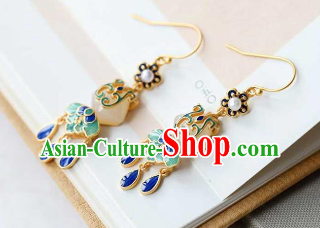 Handmade Chinese Cheongsam Jade Fan Ear Accessories Traditional Qing Dynasty Cloisonne Earrings