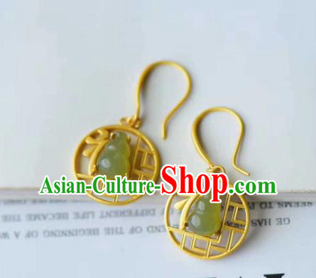 Handmade Chinese Golden Ear Accessories Traditional Cheongsam Jade Gourd Earrings