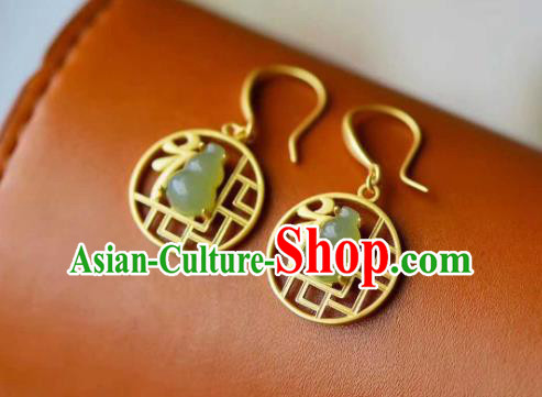 Handmade Chinese Golden Ear Accessories Traditional Cheongsam Jade Gourd Earrings