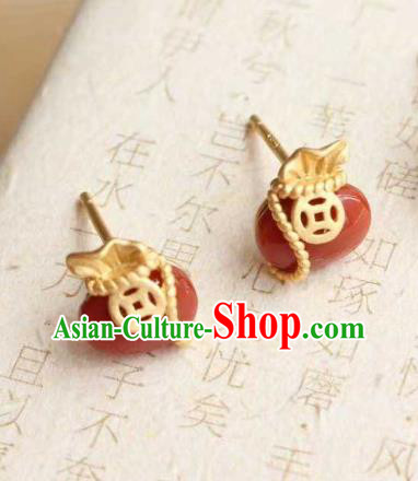 Handmade Chinese Agate Ear Accessories Traditional Cheongsam Golden Copper Earrings