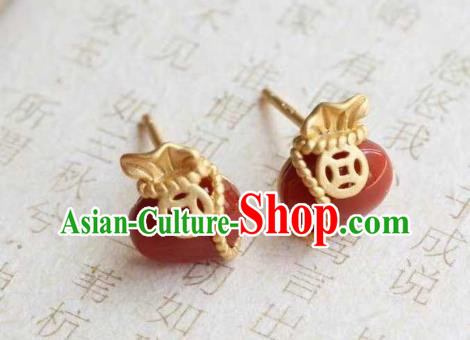 Handmade Chinese Agate Ear Accessories Traditional Cheongsam Golden Copper Earrings