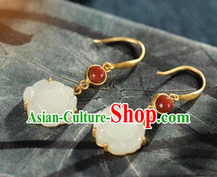 Handmade Chinese White Jade Lotus Ear Accessories Traditional Cheongsam Agate Earrings