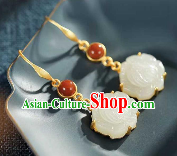 Handmade Chinese White Jade Lotus Ear Accessories Traditional Cheongsam Agate Earrings