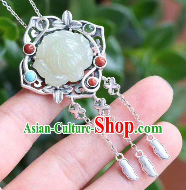 China Classical Cheongsam Silver Tassel Pendant Accessories Traditional Jade Lotus Necklace