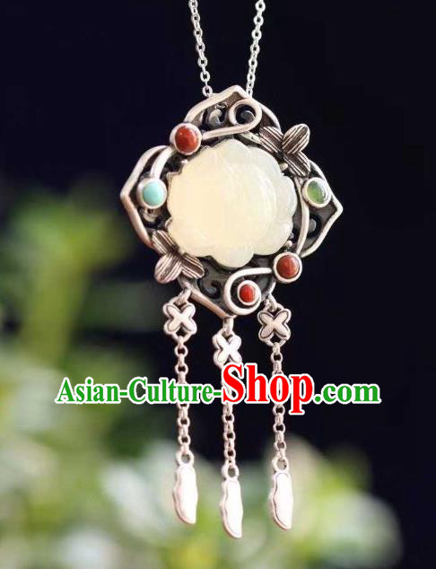 China Classical Cheongsam Silver Tassel Pendant Accessories Traditional Jade Lotus Necklace