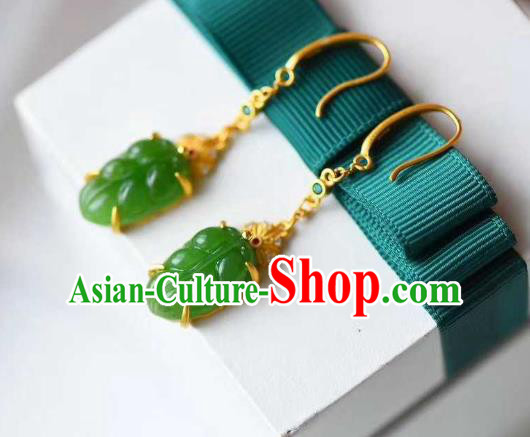 Handmade Chinese Jadeite Leaf Ear Accessories Traditional Cheongsam Golden Earrings