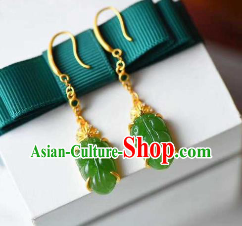 Handmade Chinese Jadeite Leaf Ear Accessories Traditional Cheongsam Golden Earrings