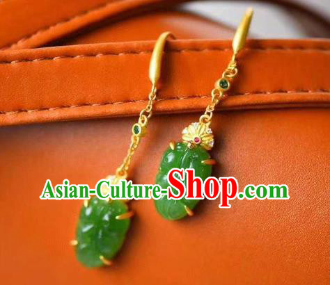 Handmade Chinese Jadeite Leaf Ear Accessories Traditional Cheongsam Golden Earrings