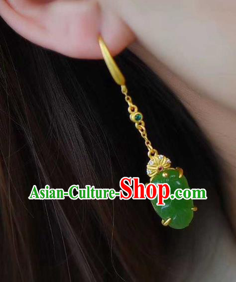 Handmade Chinese Jadeite Leaf Ear Accessories Traditional Cheongsam Golden Earrings