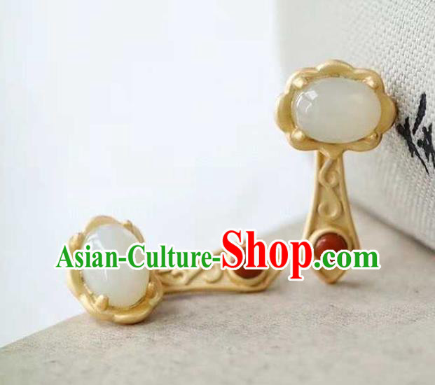 Handmade Chinese Golden Ear Accessories Traditional Cheongsam Hetian Jade Earrings
