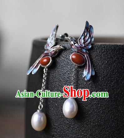 Handmade Chinese Blueing Bird Ear Accessories Traditional Cheongsam Pearls Tassel Earrings