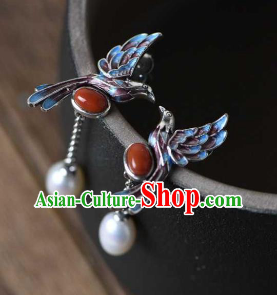 Handmade Chinese Blueing Bird Ear Accessories Traditional Cheongsam Pearls Tassel Earrings