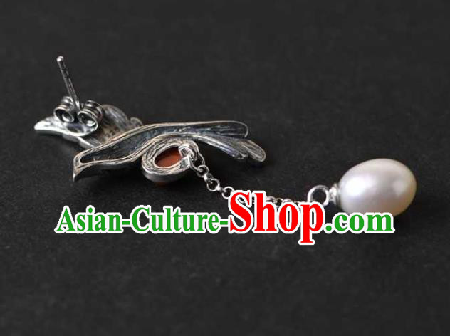 Handmade Chinese Blueing Bird Ear Accessories Traditional Cheongsam Pearls Tassel Earrings