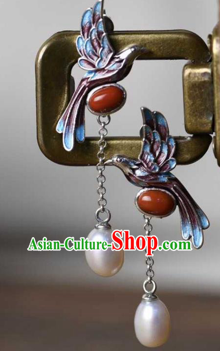Handmade Chinese Blueing Bird Ear Accessories Traditional Cheongsam Pearls Tassel Earrings