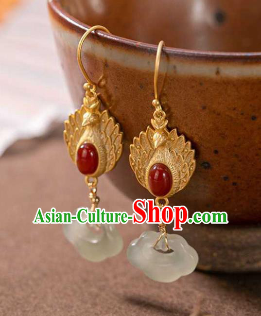 Handmade Chinese Jade Lock Ear Accessories Traditional Cheongsam Golden Phoenix Earrings