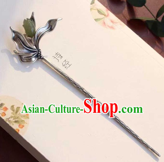 China Classical Silver Hair Stick Traditional Hair Accessories Handmade Jade Mangnolia Hairpin
