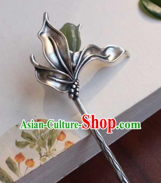 China Classical Silver Hair Stick Traditional Hair Accessories Handmade Jade Mangnolia Hairpin