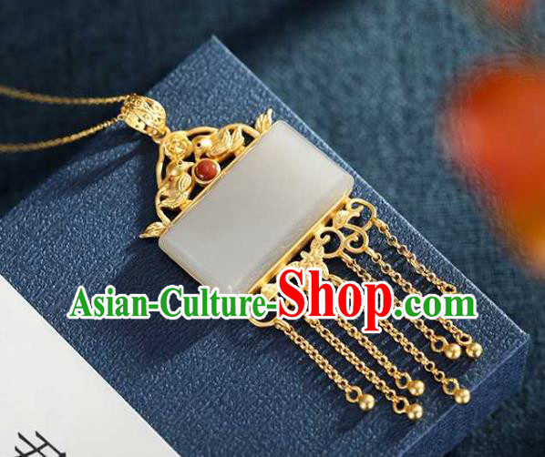 China Classical Cheongsam Golden Tassel Pendant Accessories Traditional White Jade Necklace