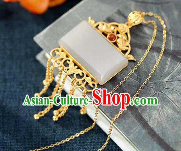 China Classical Cheongsam Golden Tassel Pendant Accessories Traditional White Jade Necklace