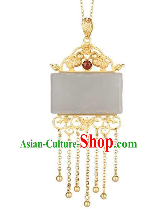 China Classical Cheongsam Golden Tassel Pendant Accessories Traditional White Jade Necklace