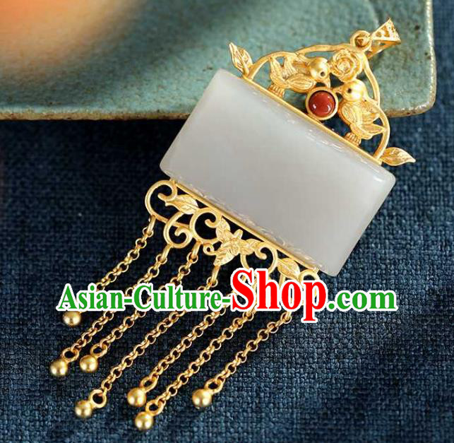 China Classical Cheongsam Golden Tassel Pendant Accessories Traditional White Jade Necklace