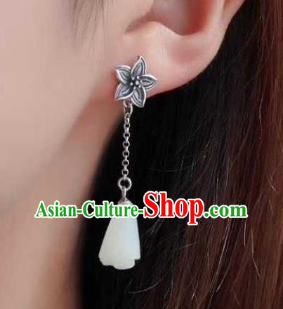 Handmade Chinese White Jade Ear Accessories Traditional Cheongsam Silver Lily Flower Earrings