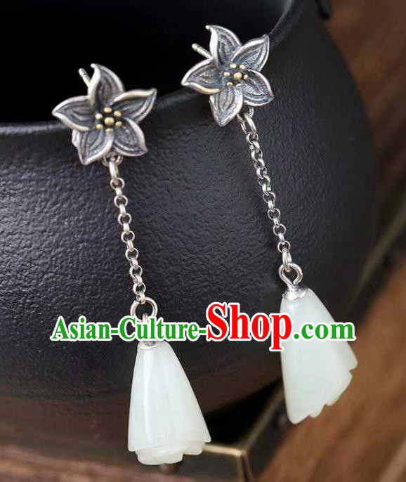 Handmade Chinese White Jade Ear Accessories Traditional Cheongsam Silver Lily Flower Earrings